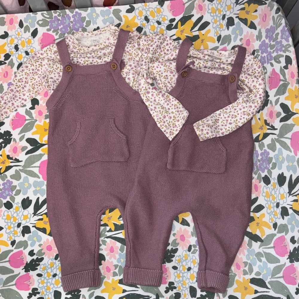 Toddler Knit Overalls Set with Floral Top - Mauve